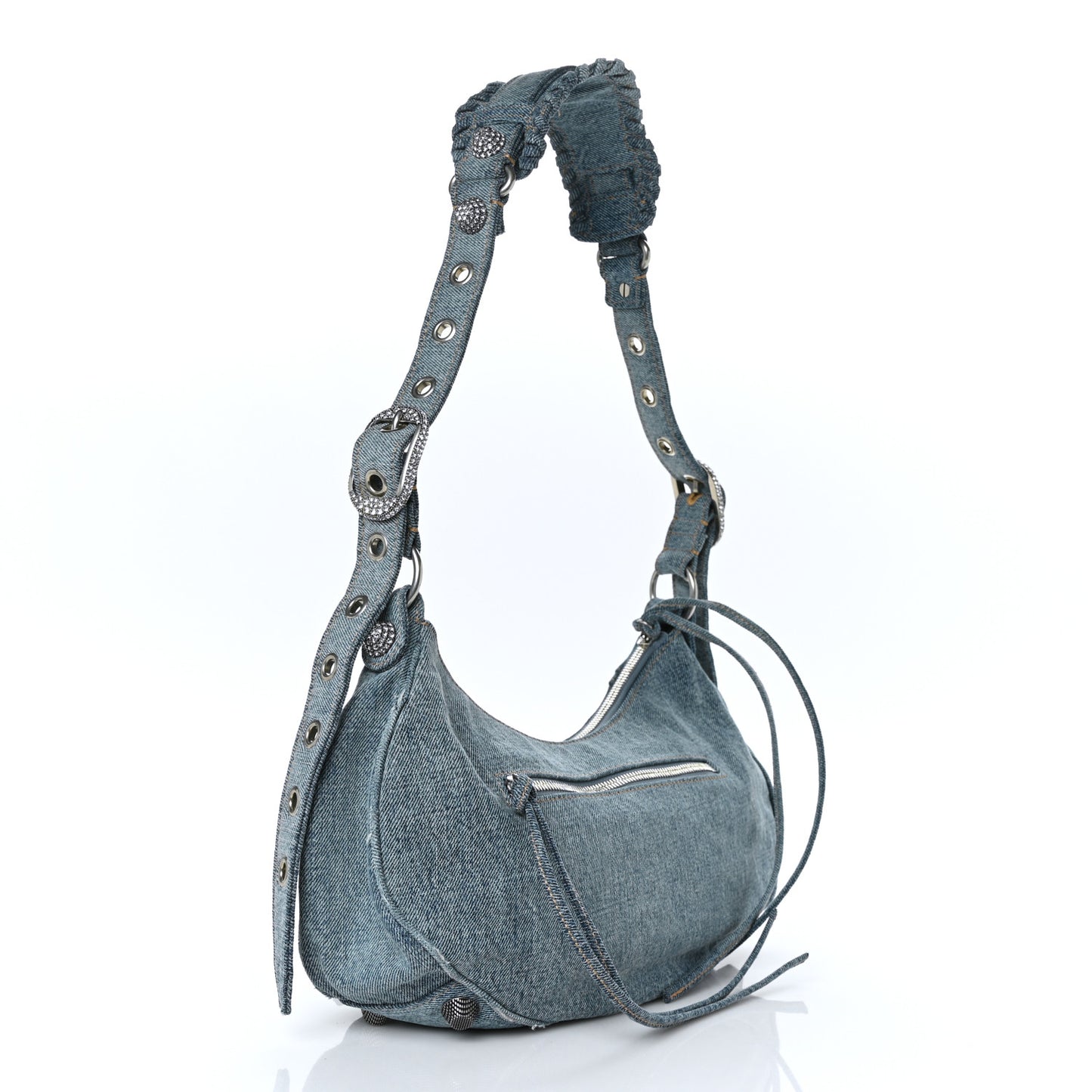 Washed Frayed Denim Crystal Small Le Cagole Shoulder Bag Blue