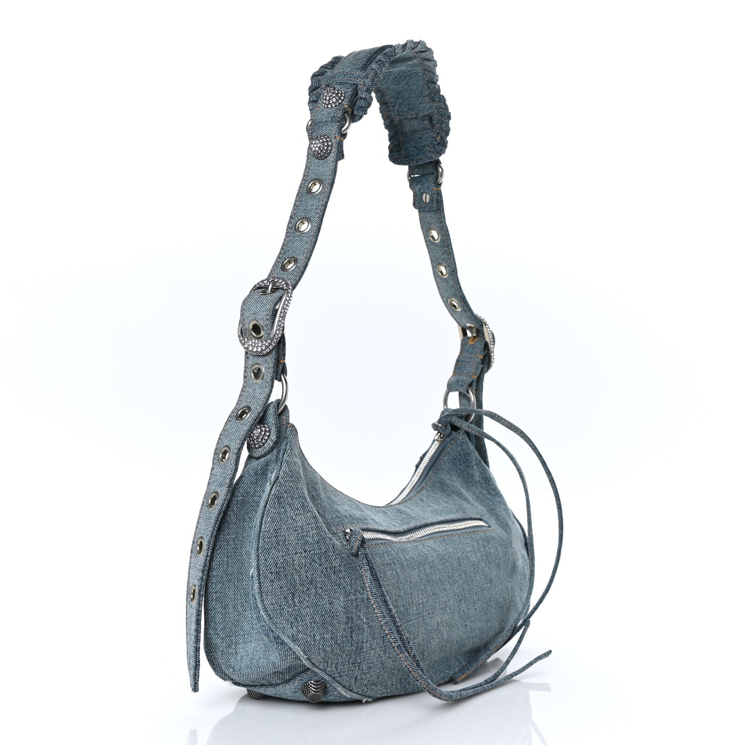 Balenciaga Washed Frayed Denim Crystal Small Le Cagole Shoulder Bag Blue 3 of 9