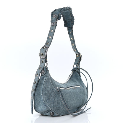 Balenciaga Washed Frayed Denim Crystal Small Le Cagole Shoulder Bag Blue 3 of 9