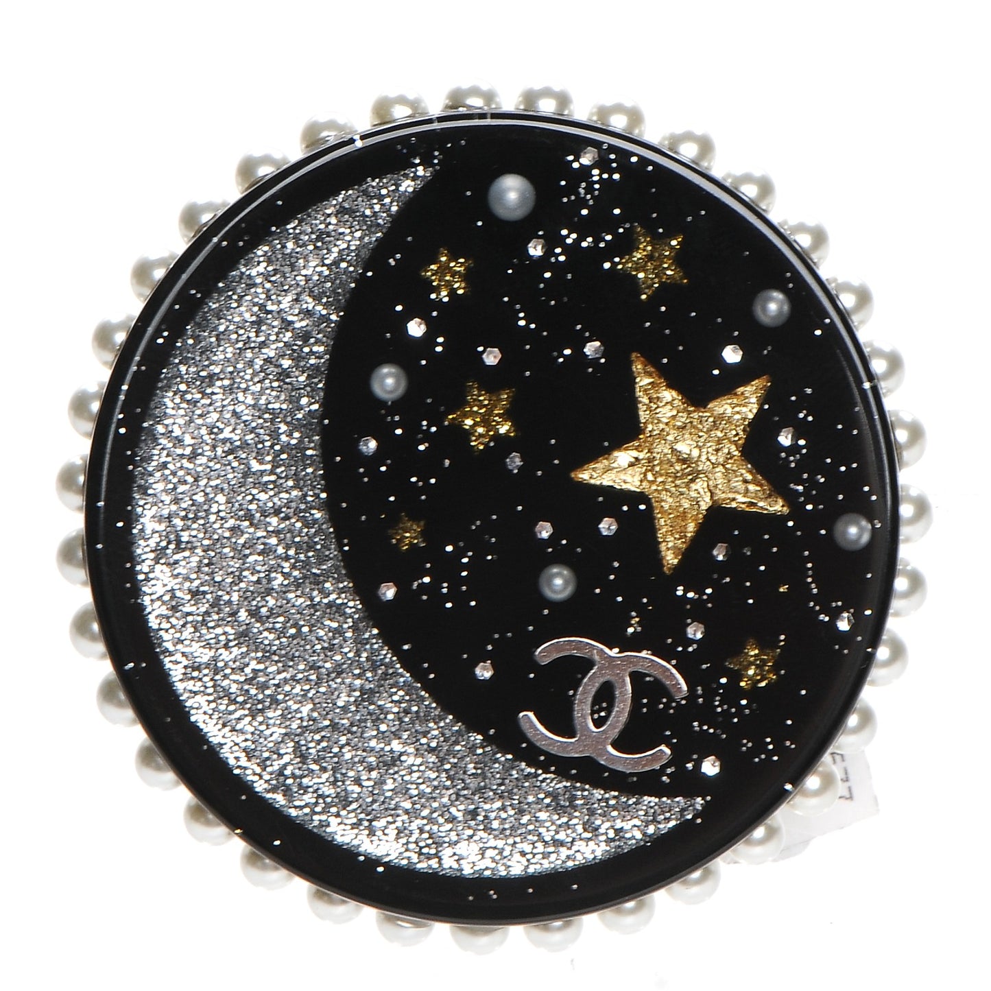 Glittered Resin Crystal Pearl CC Moon Pin Brooch Black Gold Silver