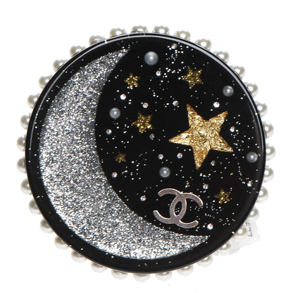Chanel Glittered Resin Crystal Pearl CC Moon Pin Brooch Black Gold Silver 1 of 5