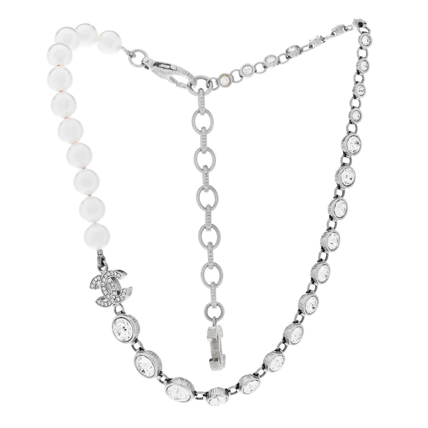 Pearl Crystal CC Choker Necklace Silver