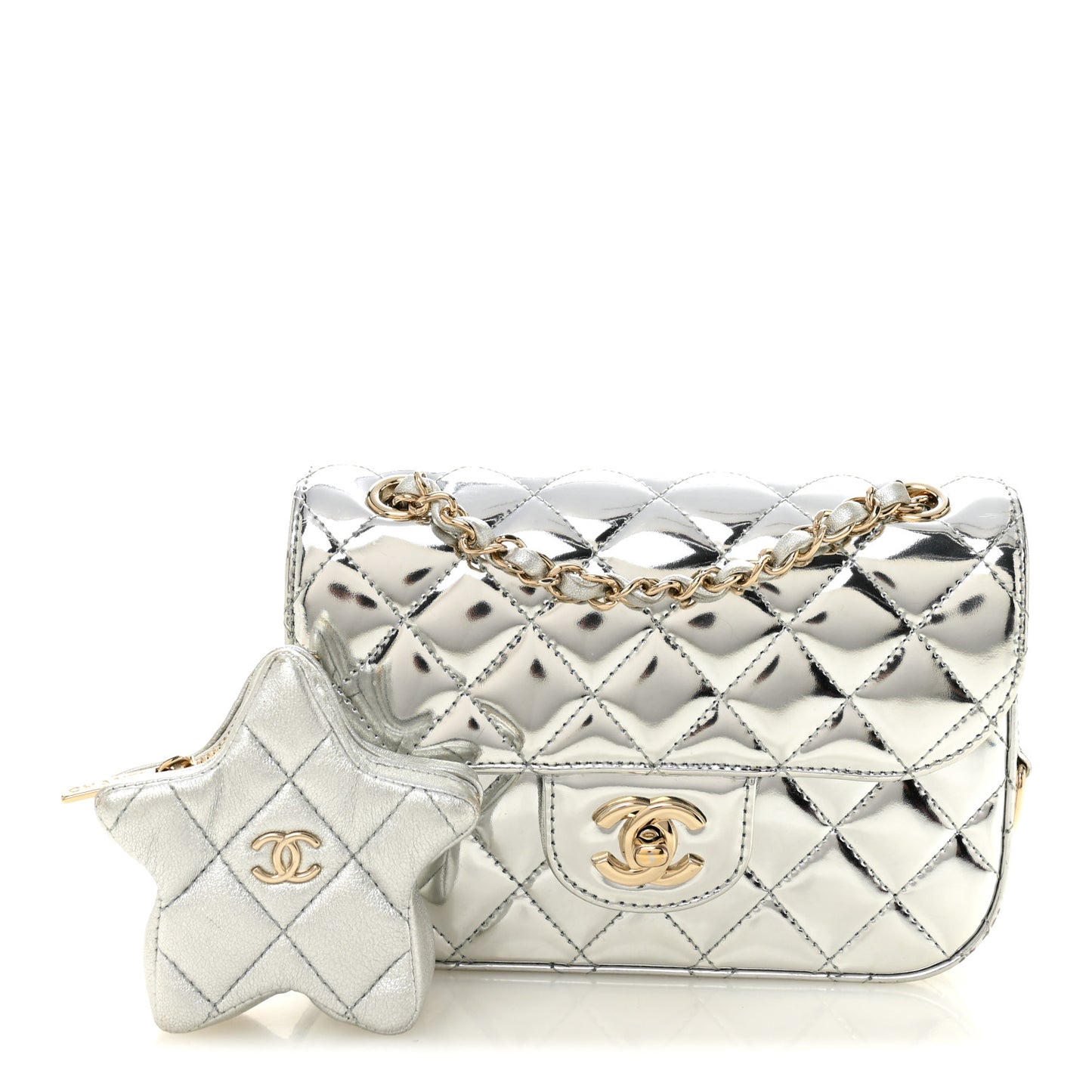 Mirror Calfskin Metallic Calfskin Quilted Hollywood Boulevard Mini Flap With Star Coin Purse Silver