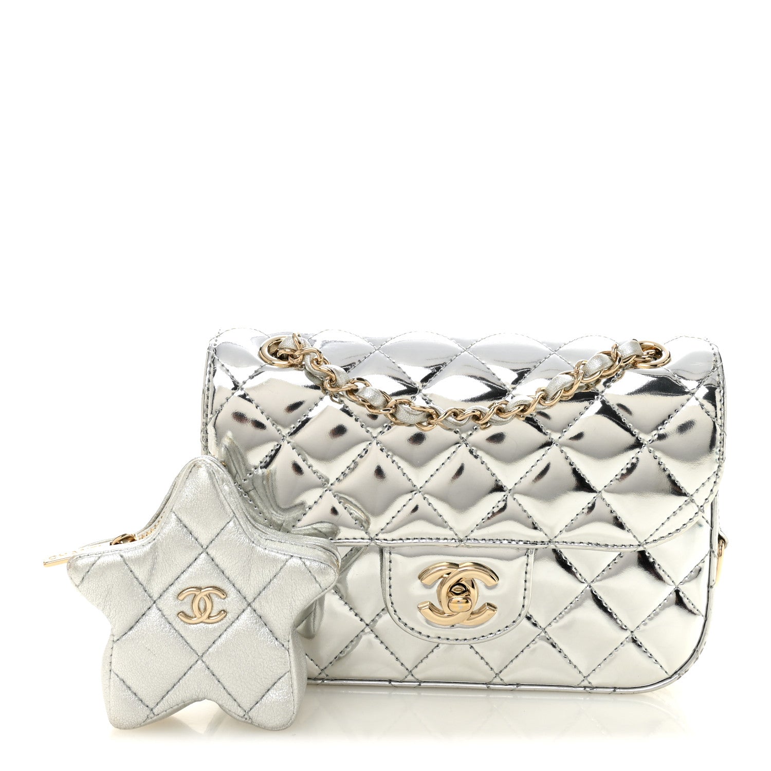 Chanel Mirror Calfskin Metallic Calfskin Quilted Hollywood Boulevard Mini Flap With Star Coin Purse Silver 2 of 10