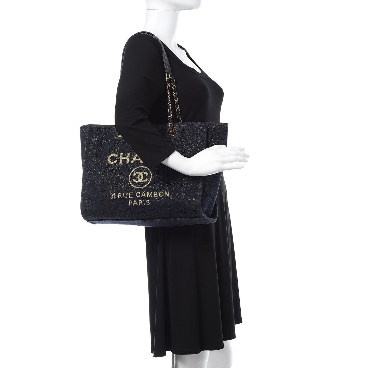 Lurex Canvas Small Deauville Tote Navy Blue Gold