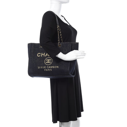 Chanel Lurex Canvas Small Deauville Tote Navy Blue Gold 2 of 9