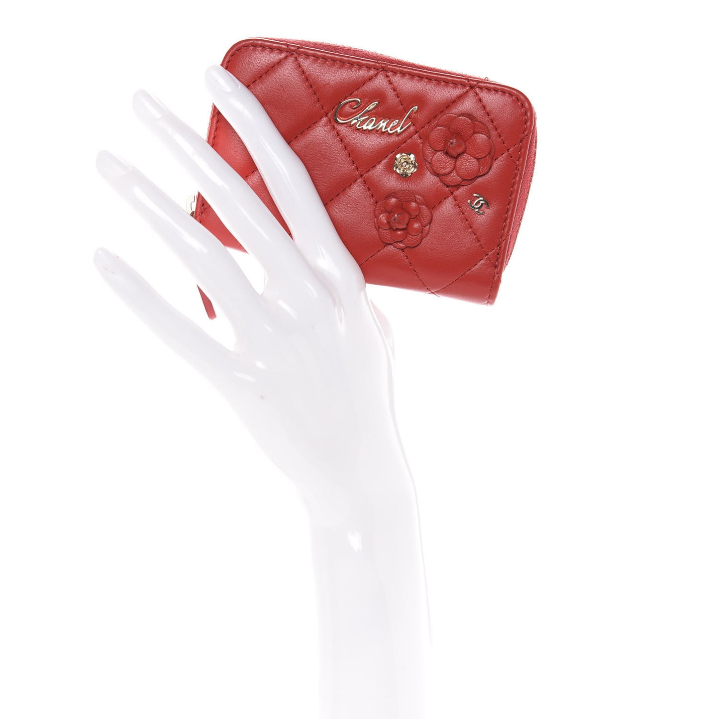 Lambskin Quilted Camellia Zip Coin Purse Red