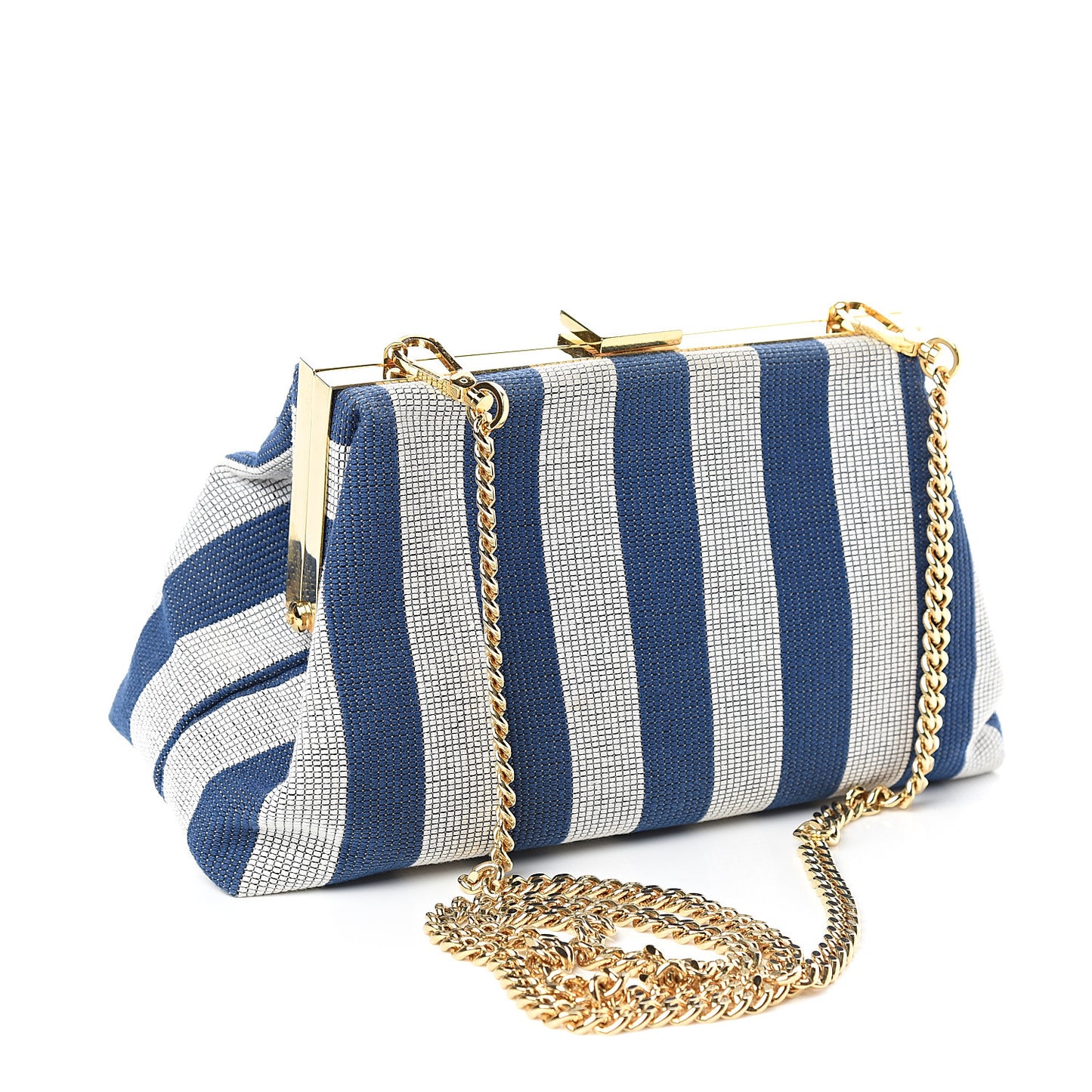 Canvas Stripe Mini Volume Chain Clutch Blue White