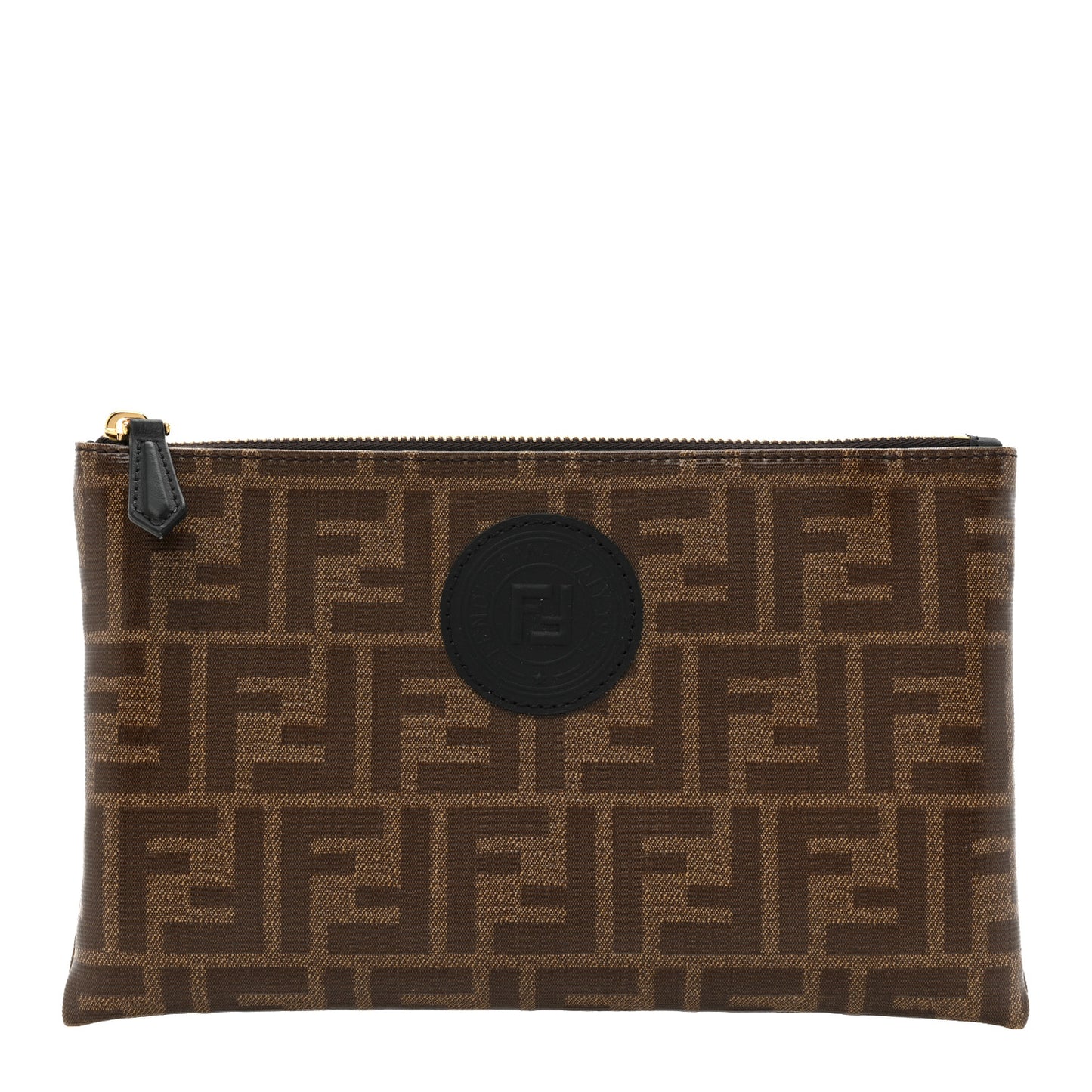 Glazed Fabric Vitello Century FF 1974 Stamp Patch Small FFreedom Flat Pouch Mogano Panna Black