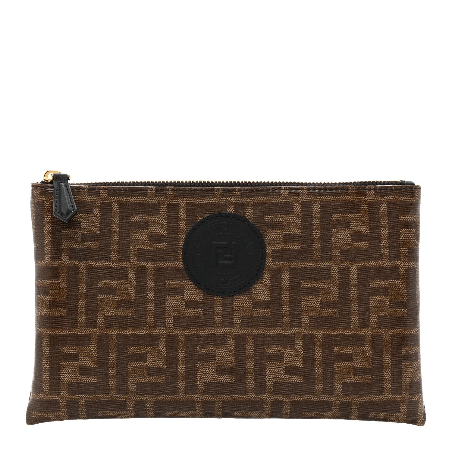 Fendi Glazed Fabric Vitello Century FF 1974 Stamp Patch Small FFreedom Flat Pouch Mogano Panna Black 1 of 9