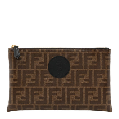 Fendi Glazed Fabric Vitello Century FF 1974 Stamp Patch Small FFreedom Flat Pouch Mogano Panna Black 1 of 9