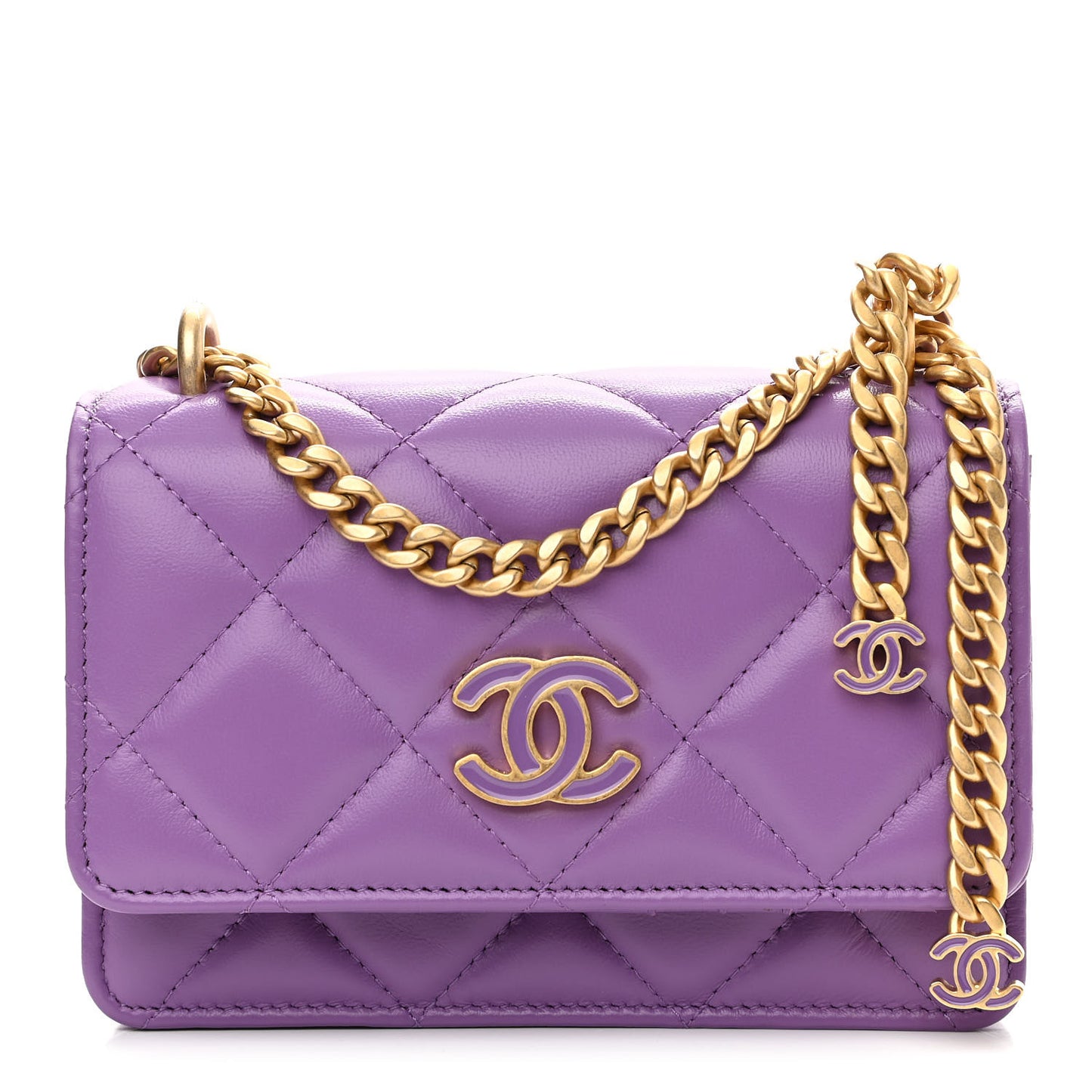Lambskin Enamel Quilted Pending CC Clutch With Chain Purple