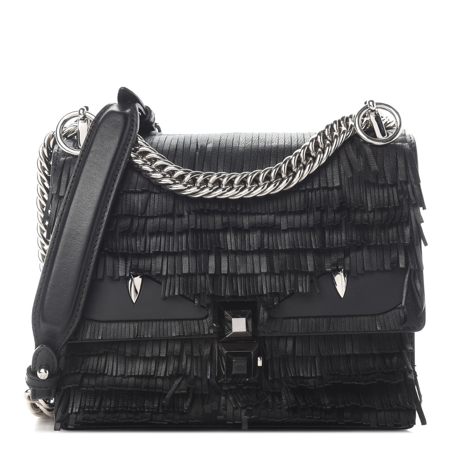 Smooth Calfskin Monster Eyes Fringe Studded Small Kan I Shoulder Bag Black