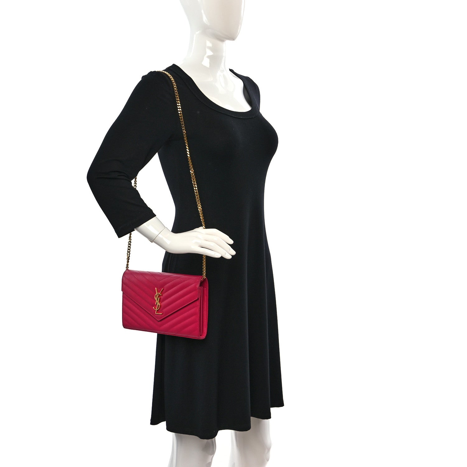 Saint Laurent Grain De Poudre Matelasse Chevron Monogram Chain Wallet Lipstick Fuchsia 3 of 10