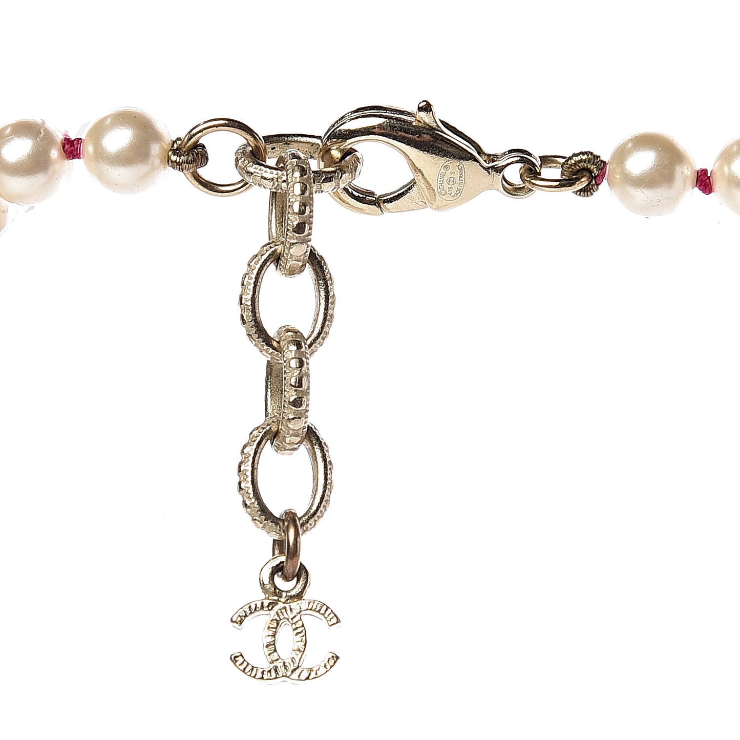 Pearl Crystal Gripoix CC Long Necklace Gold Pearly White Red
