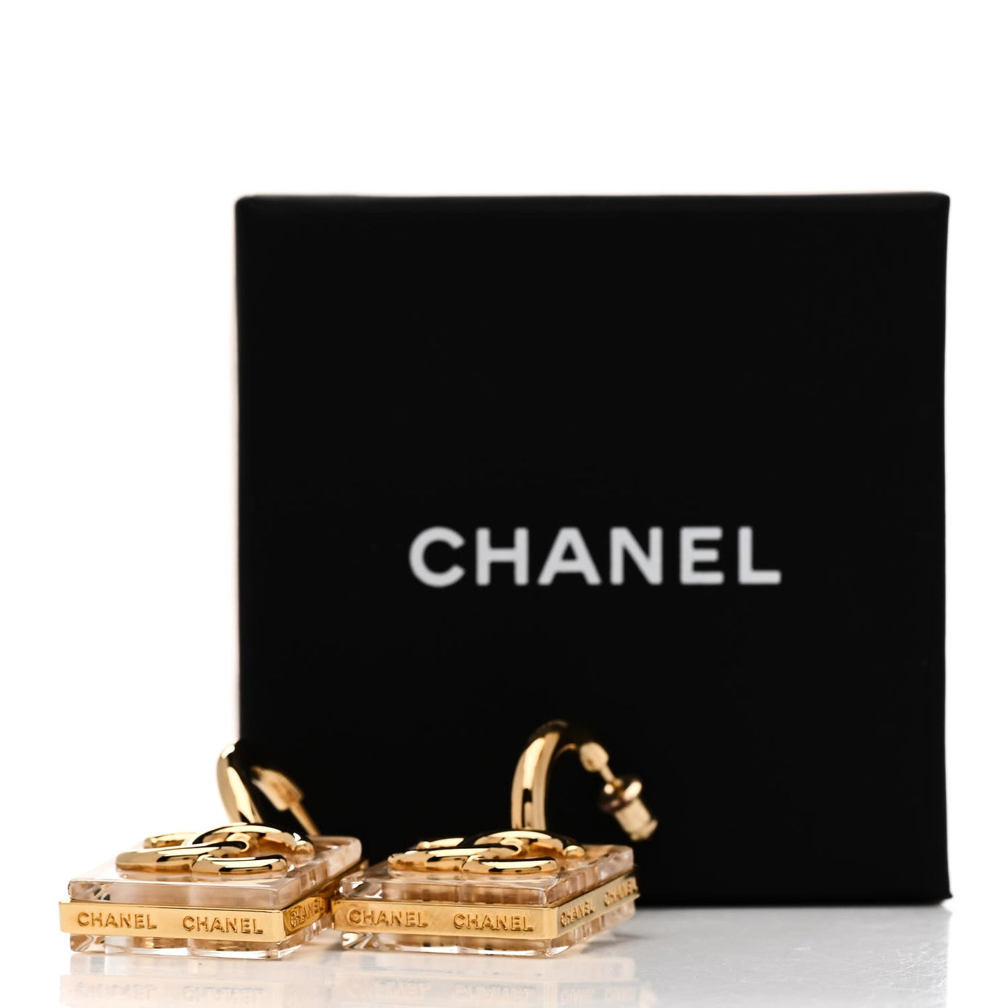Metal Resin CC Square Drop Earrings Gold Transparent