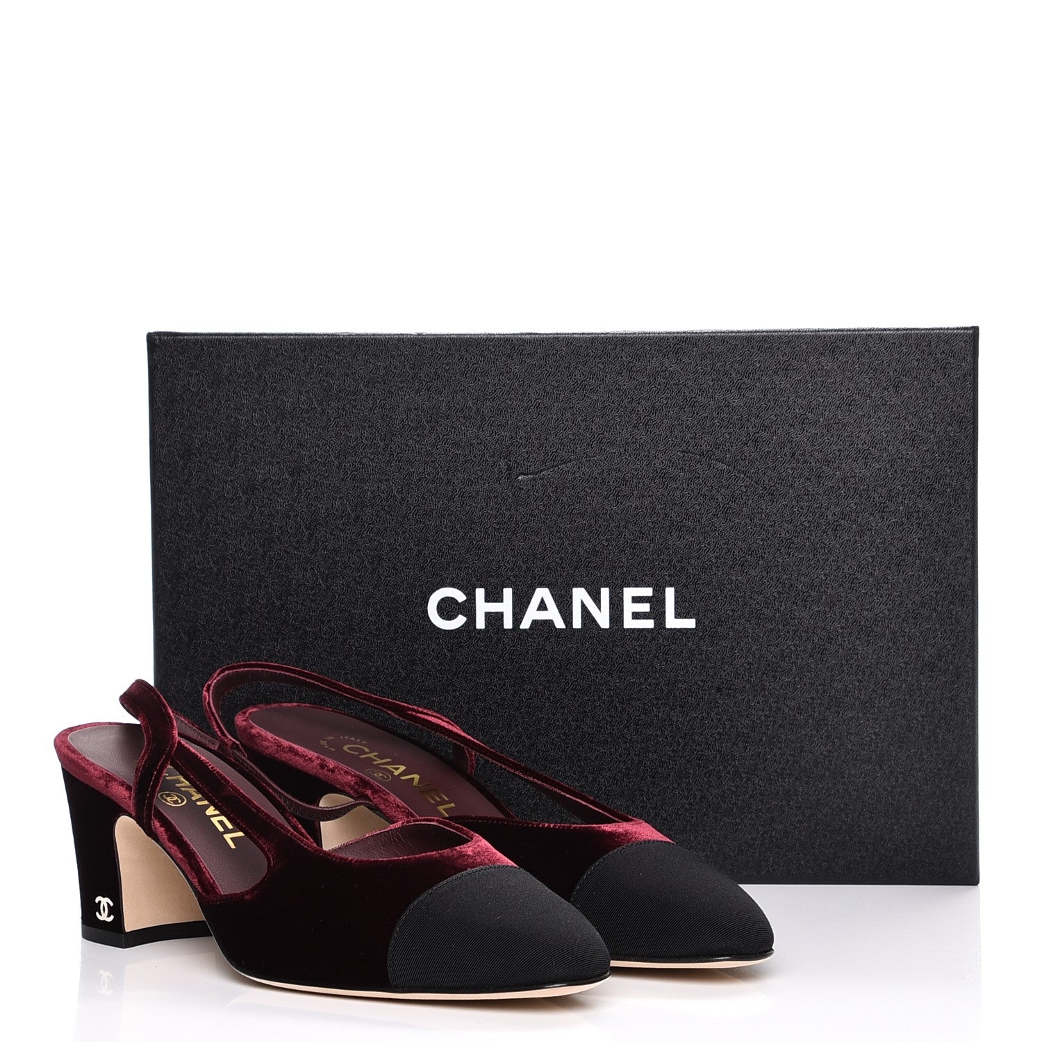 Chanel Velour Cap Toe CC Slingback Pumps 38 Burgundy Black 9 of 9