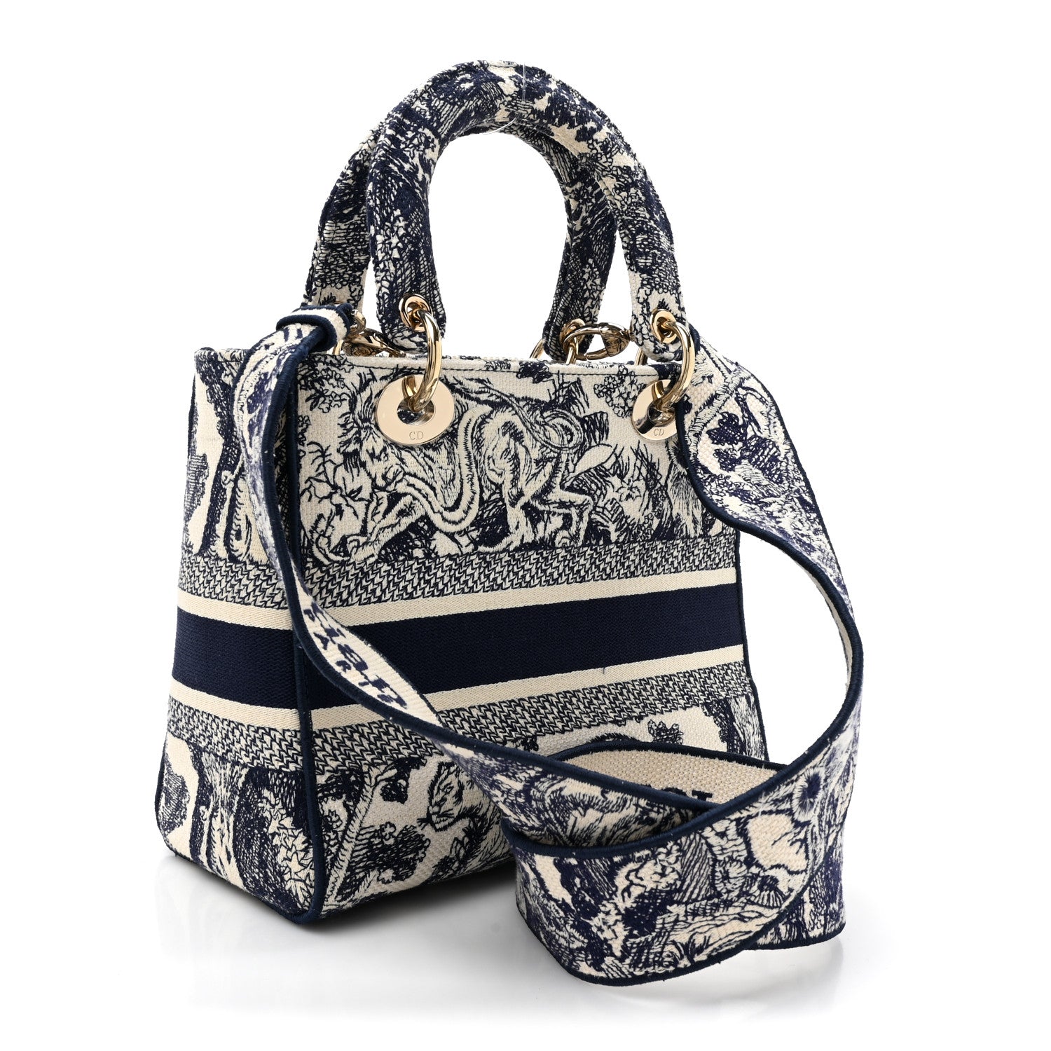 Christian Dior Canvas Toile De Jouy Embroidered Medium Lady D-Lite Navy 3 of 13
