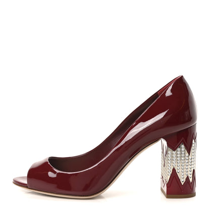 Miu Miu Patent Crystal Peep Toe Pumps 37.5 Burgundy 1 of 8