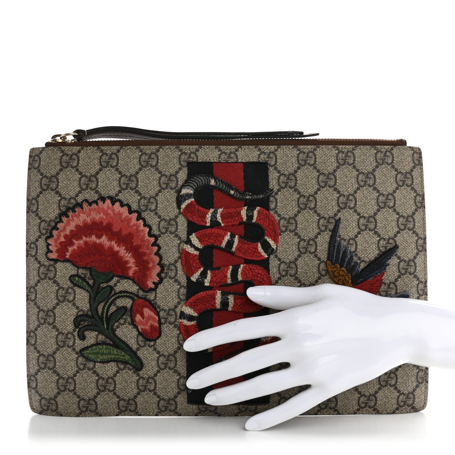 Gucci GG Supreme Monogram Web Kingsnake Embroidered Large Zip Pouch Brown 2 of 12