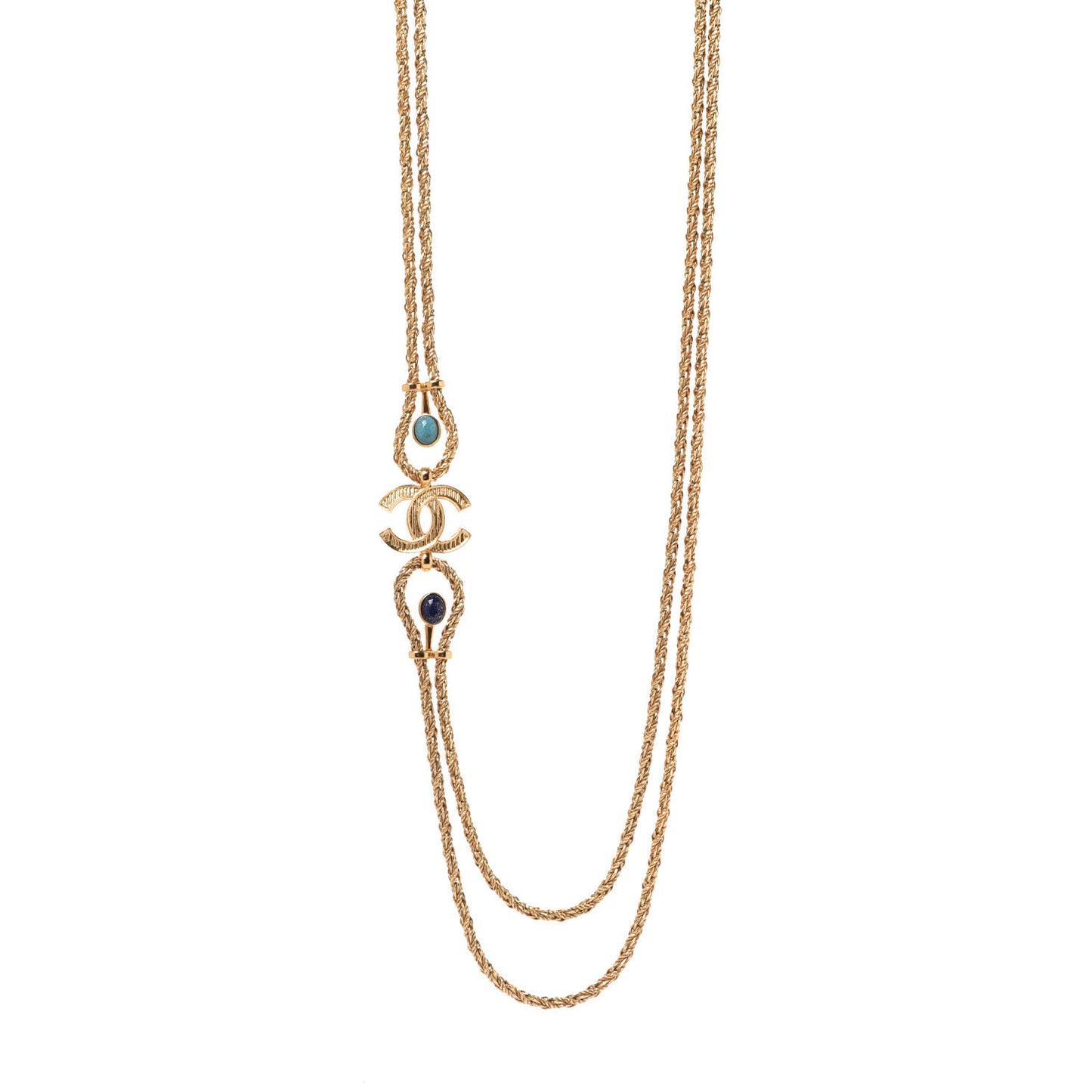 Gripoix Poured Glass Braided CC Long Necklace Gold Green Blue
