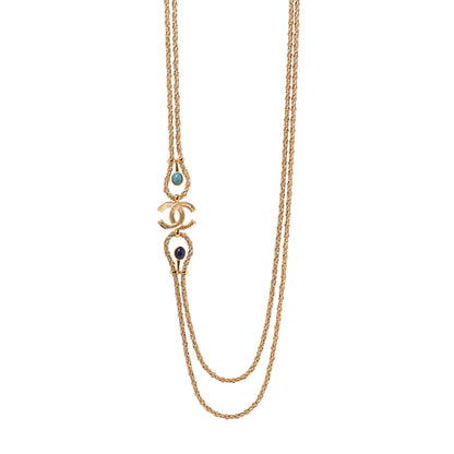 Chanel Gripoix Poured Glass Braided CC Long Necklace Gold Green Blue 1 of 6