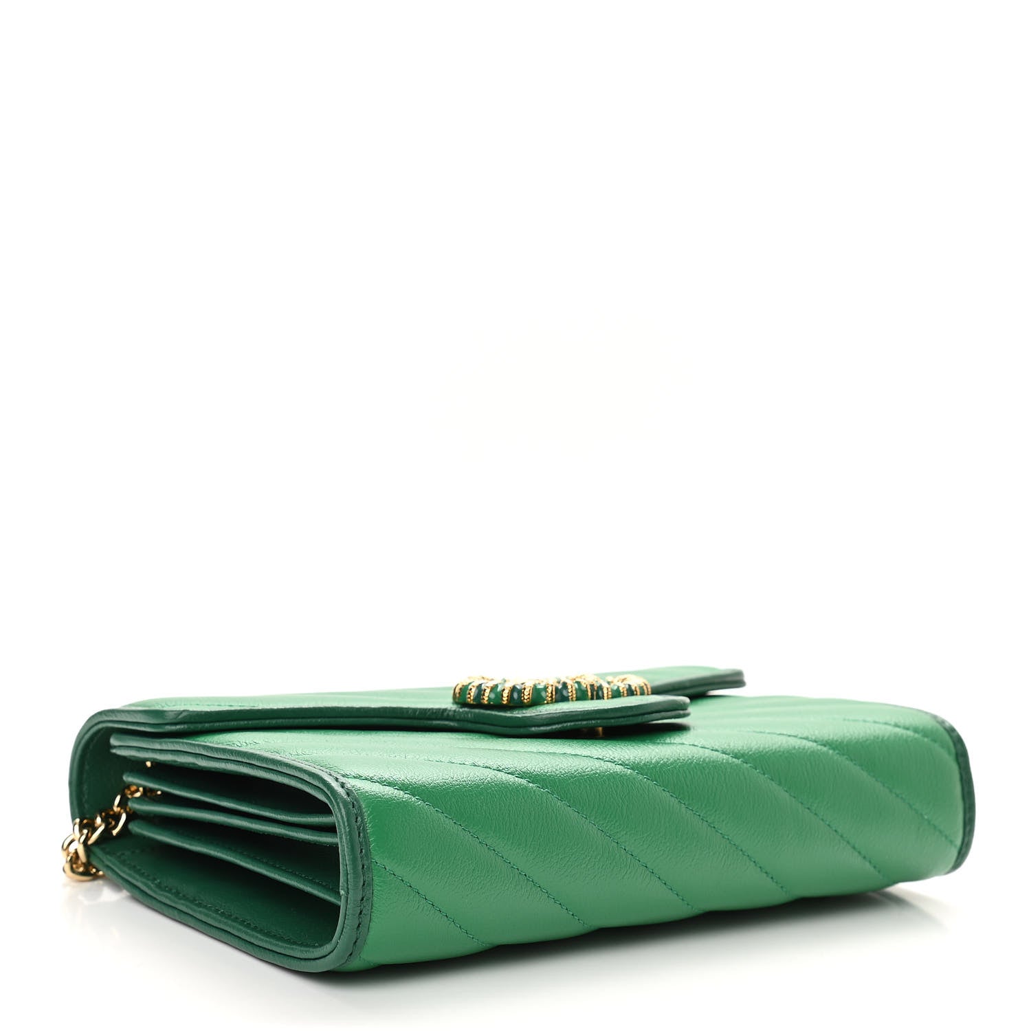 Gucci Azalea Calfskin Enamel Matelasse Diagonal Torchon GG Marmont Chain Wallet New Shamrock Emerald 4 of 10