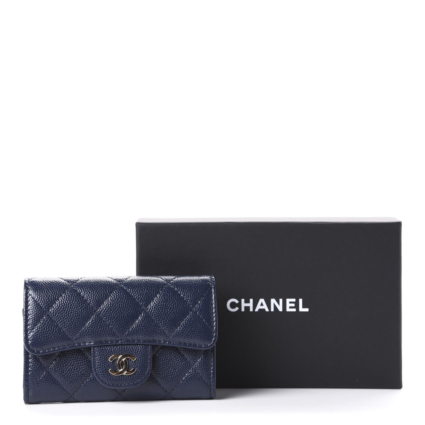 Caviar Quilted Flap Card Holder Wallet Navy Blue