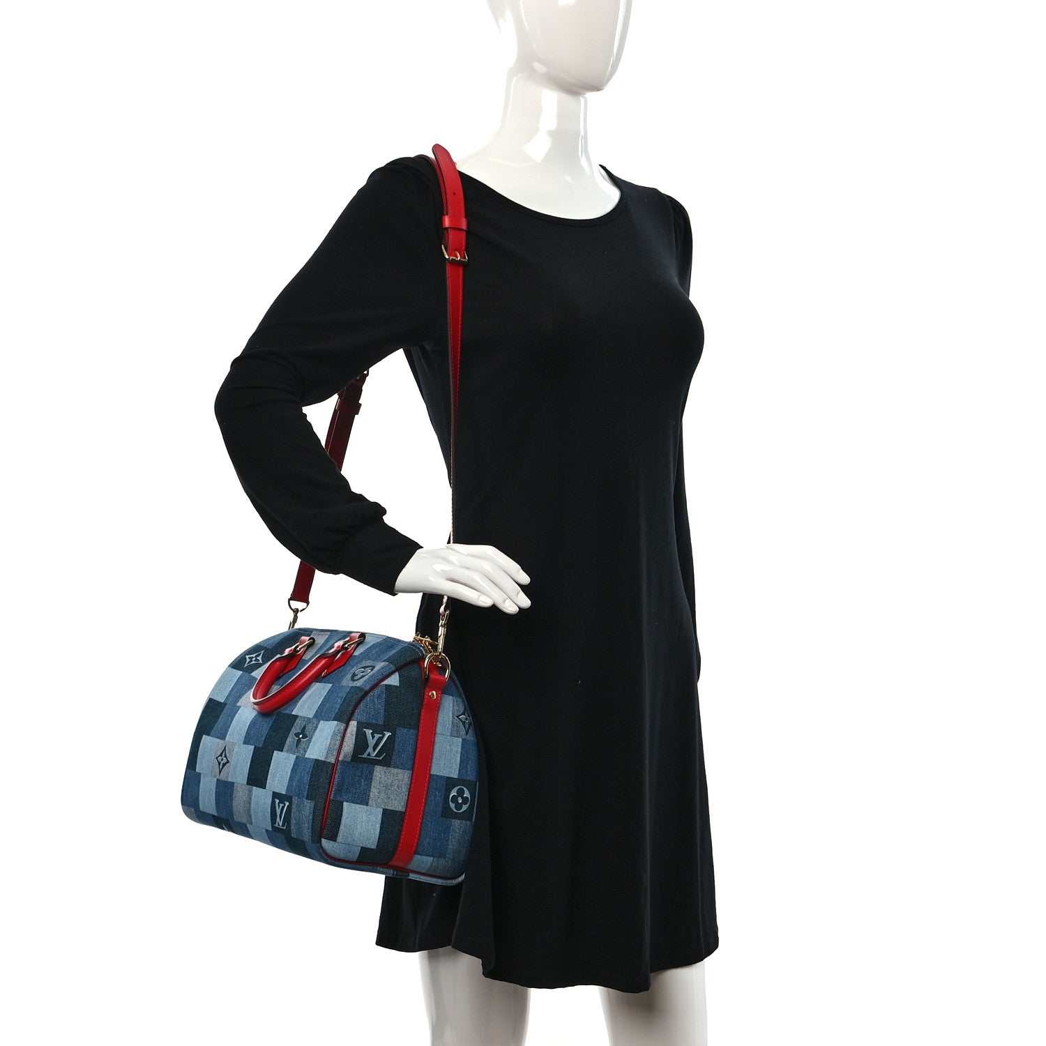 Louis Vuitton Denim Damier Monogram Patchwork Speedy Bandouliere 30 Blue Rouge 3 of 8