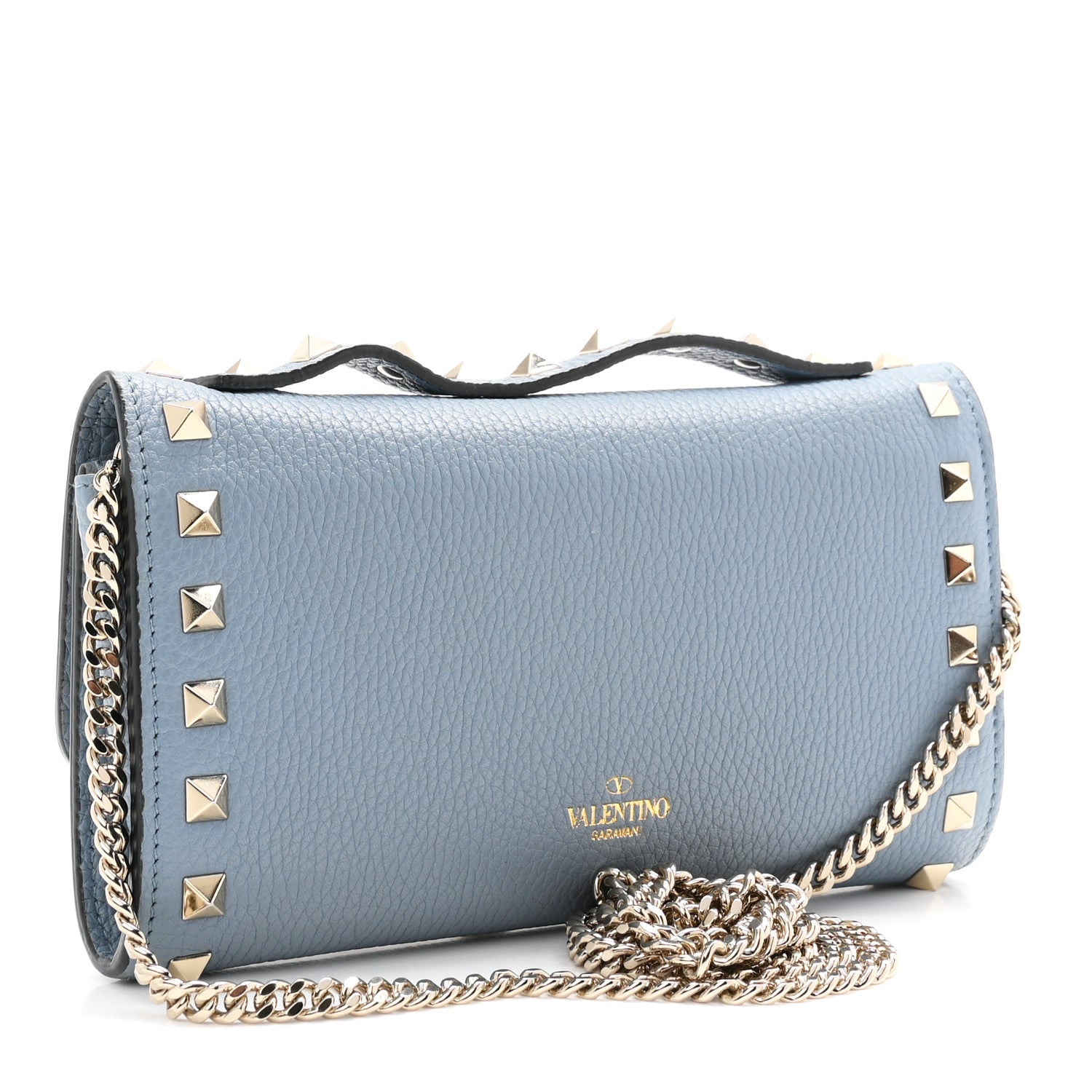 Valentino Garavani Pebbled Calfskin Rockstud Flip Lock Wallet On Chain Niagara 3 of 9