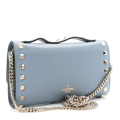 Valentino Garavani Pebbled Calfskin Rockstud Flip Lock Wallet On Chain Niagara 3 of 9