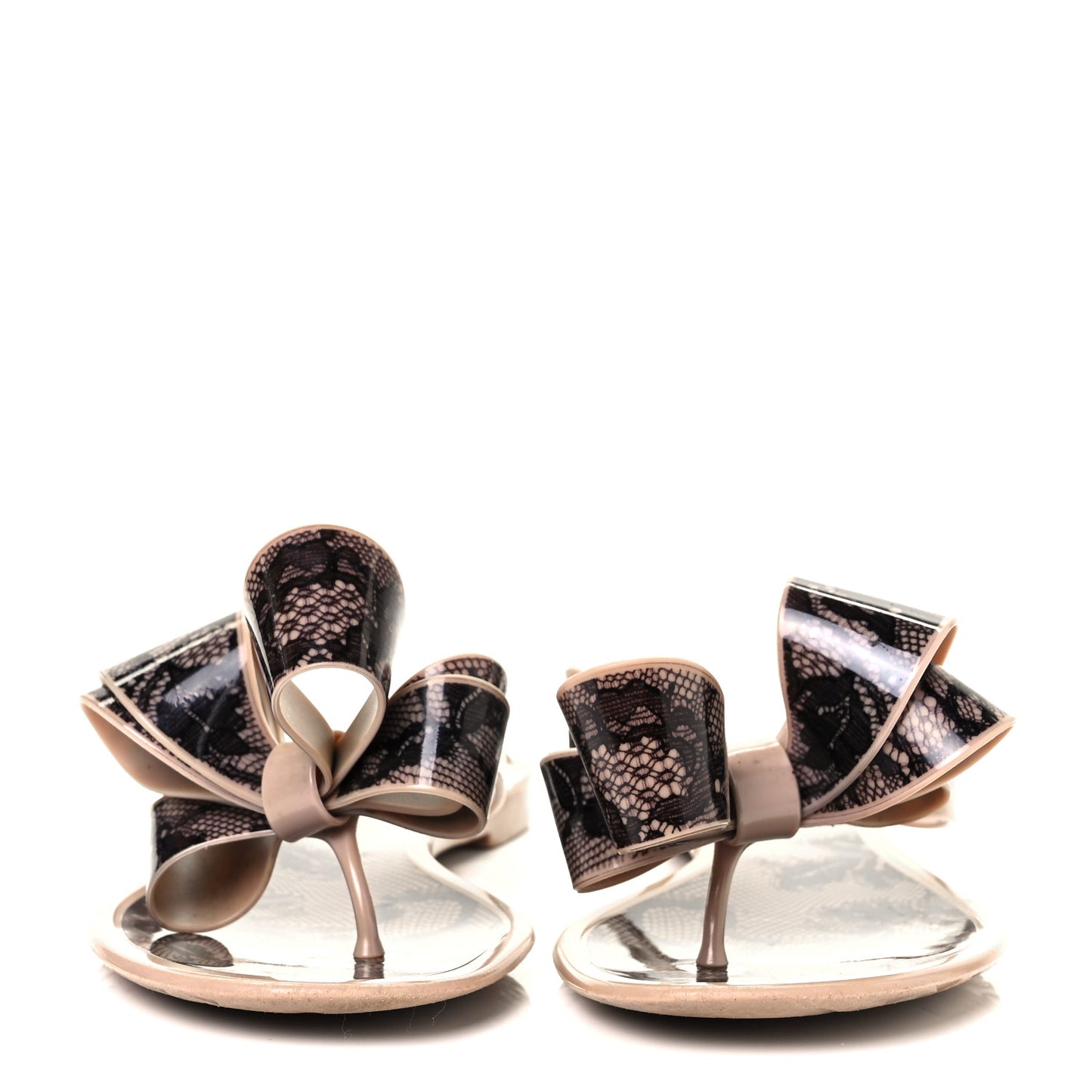 PVC Jelly Lace Print Bow Thong Sandals 36 Black Poudre