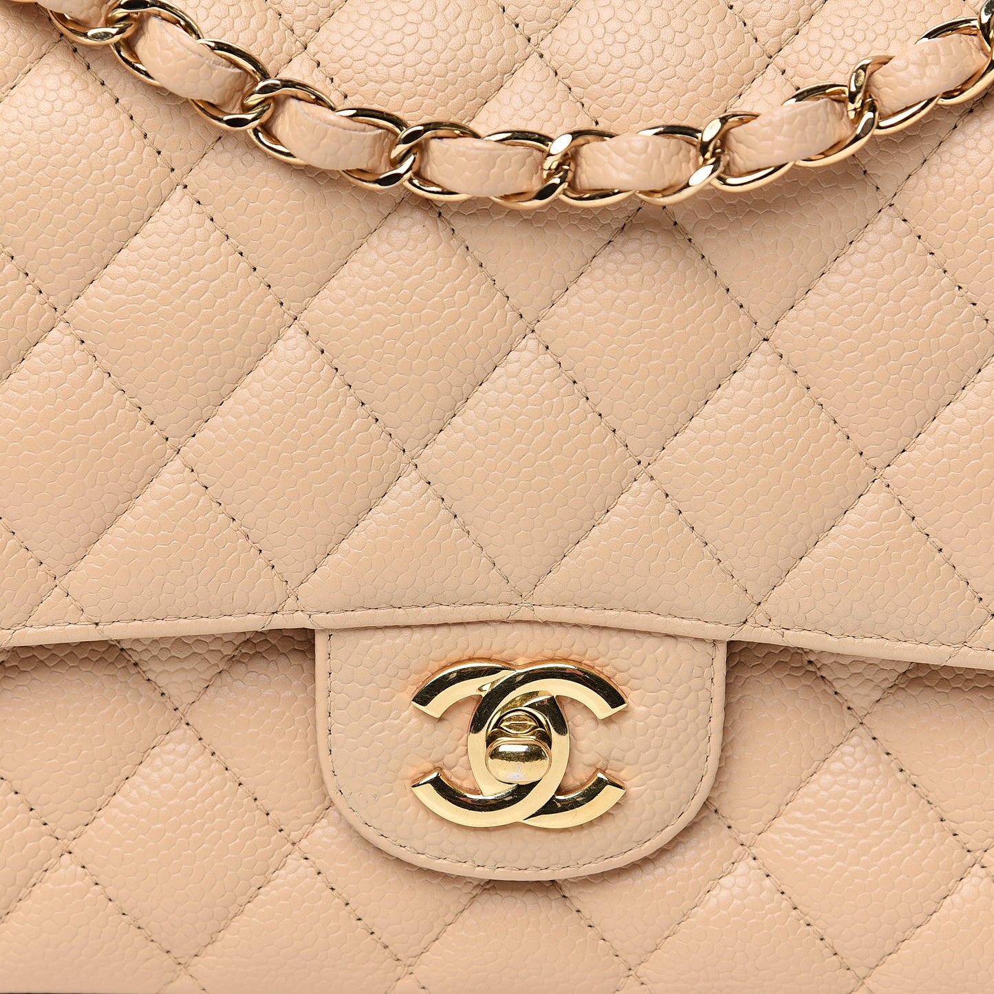 Caviar Quilted Medium Double Flap Beige