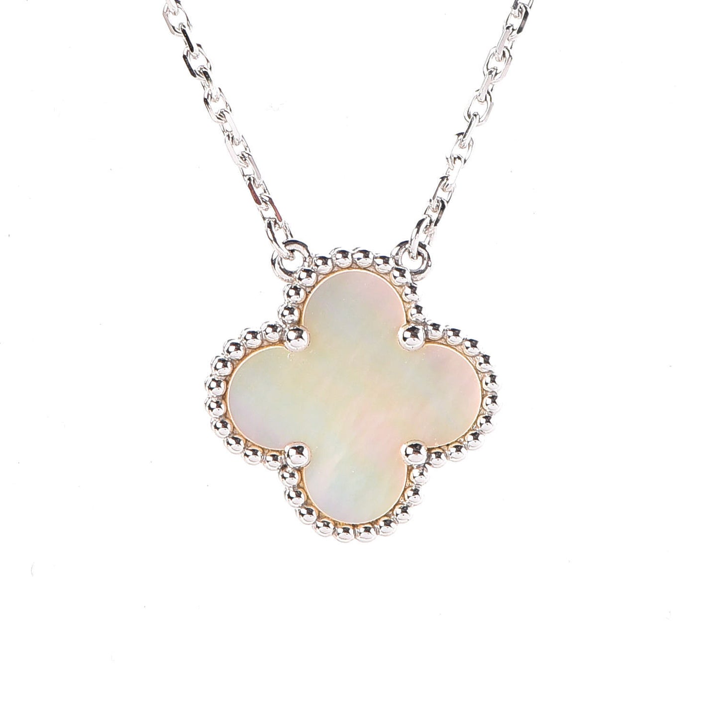 18K White Gold Mother of Pearl Vintage Alhambra Pendant Necklace