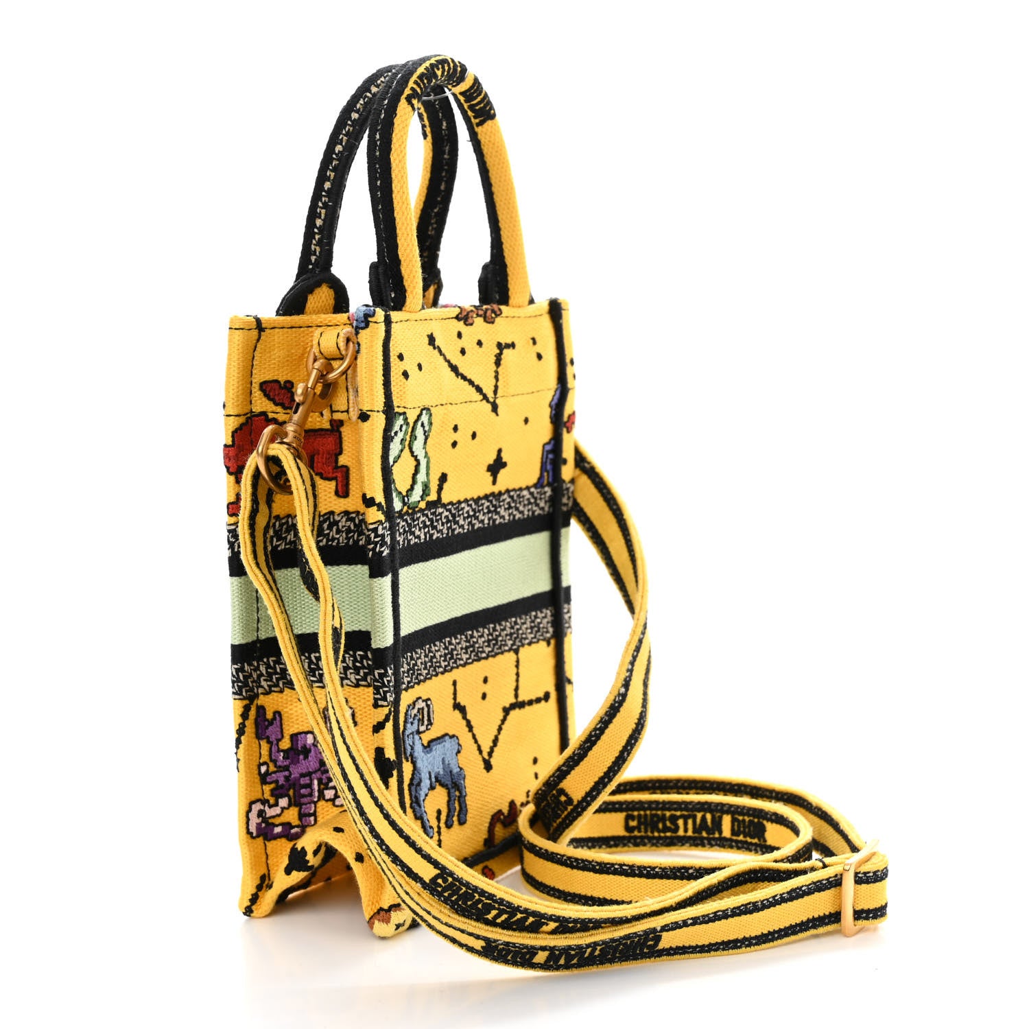 Christian Dior Canvas Embroidered Pixel Zodiac Mini Book Tote Phone Bag Jaune Multicolor 3 of 11