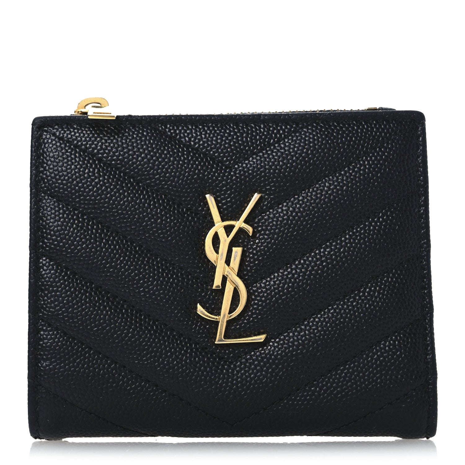 Saint Laurent Grain De Poudre Matelasse Chevron Monogram Zipped Card Case Black 1 of 9