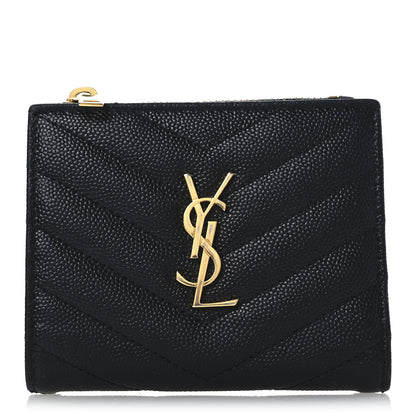 Saint Laurent Grain De Poudre Matelasse Chevron Monogram Zipped Card Case Black 1 of 9