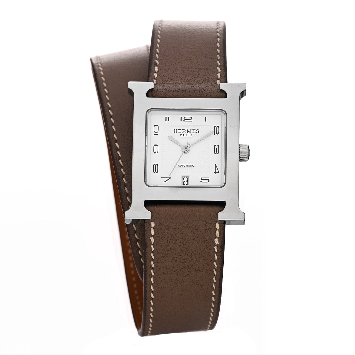 Hermes Stainless Steel Swift 26mm Heure H Hour Double Tour Automatic Watch Etoupe 1 of 5