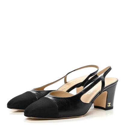 Chanel Goatskin Grosgrain Cap Toe CC Slingback Sandals 38 Black 3 of 9