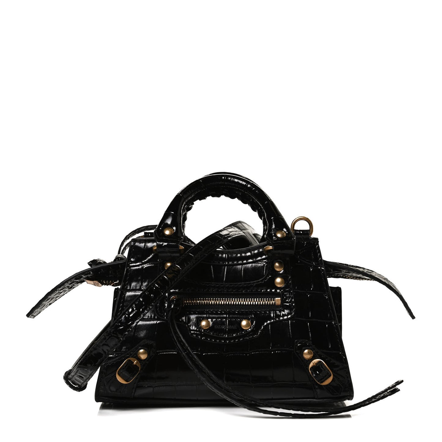 Shiny Supple Calfskin Crocodile Embossed Neo Classic Gold Hardware Nano City Crossbody Black