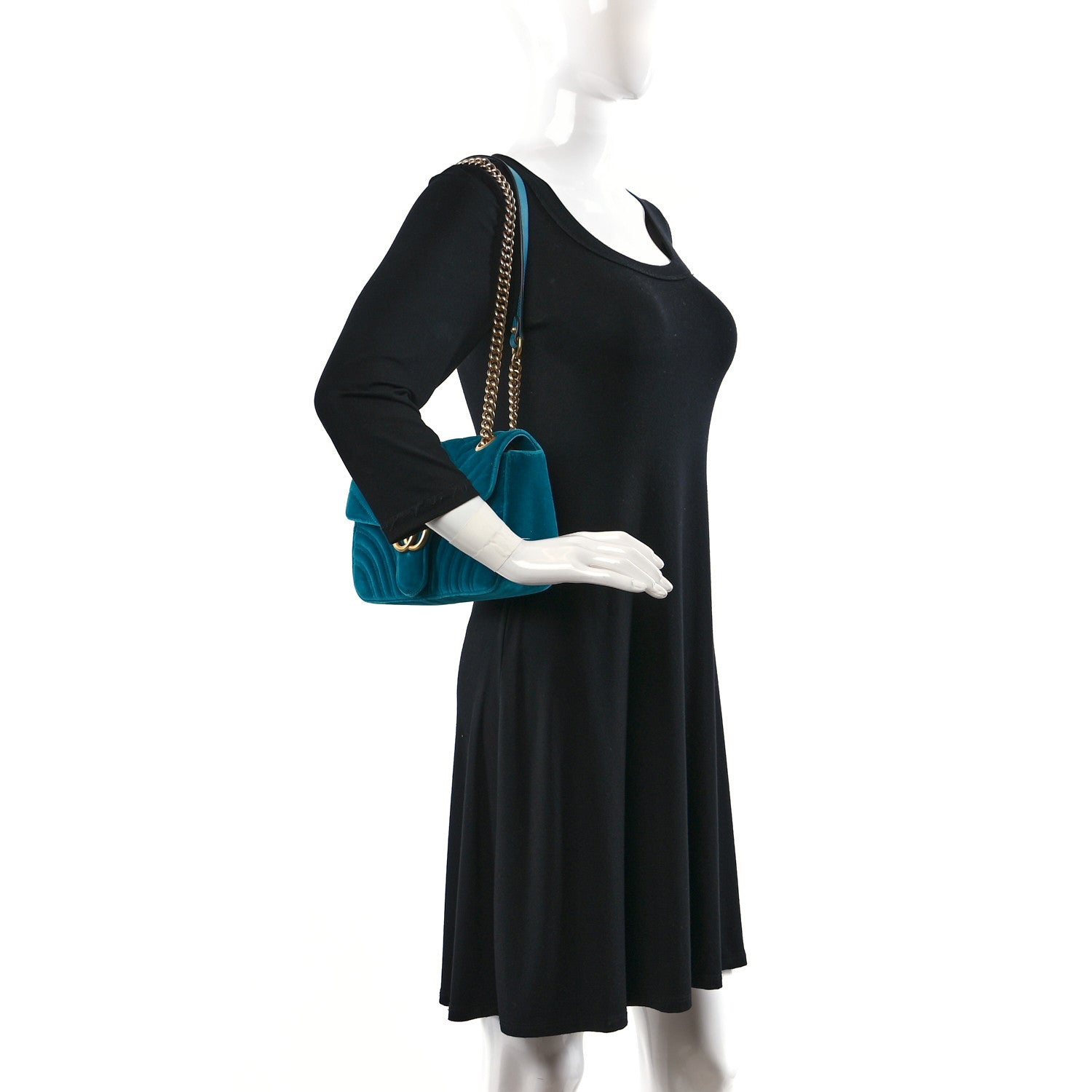 Gucci Velvet Matelasse Small GG Marmont Shoulder Bag Pavone Cyan 2 of 9