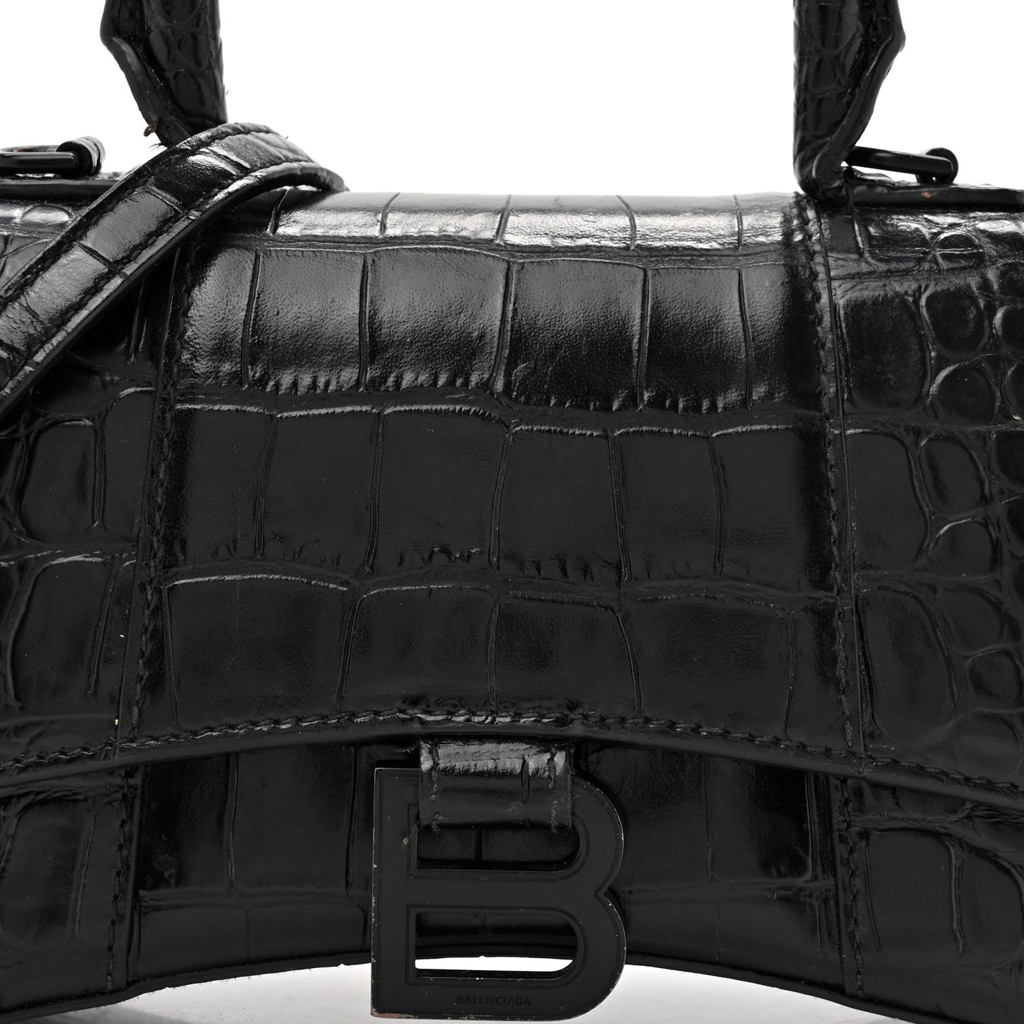 Shiny Calfskin Monochrome Crocodile Embossed Hourglass Top Handle Bag XS Black