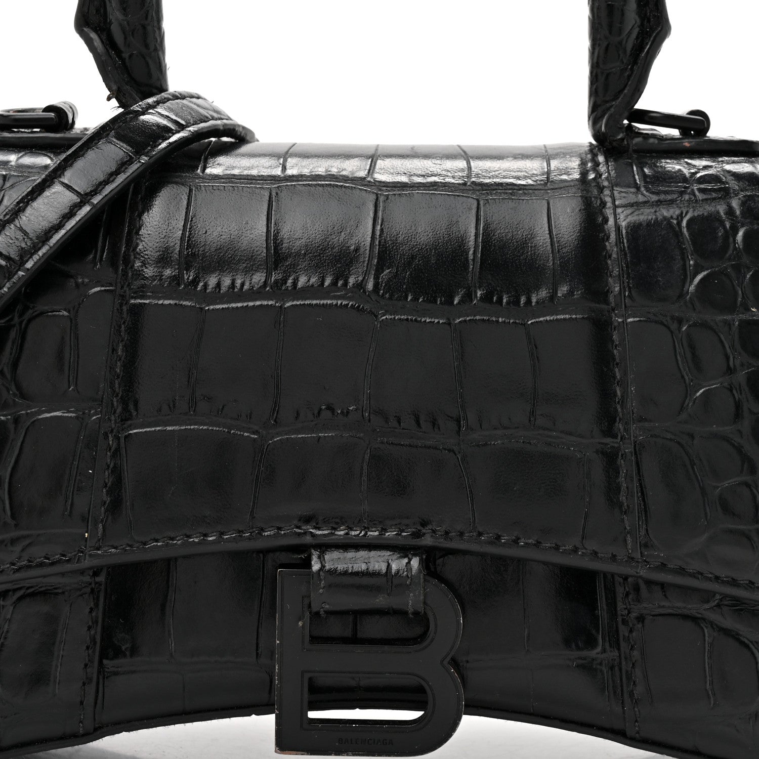 Balenciaga Shiny Calfskin Monochrome Crocodile Embossed Hourglass Top Handle Bag XS Black 9 of 17