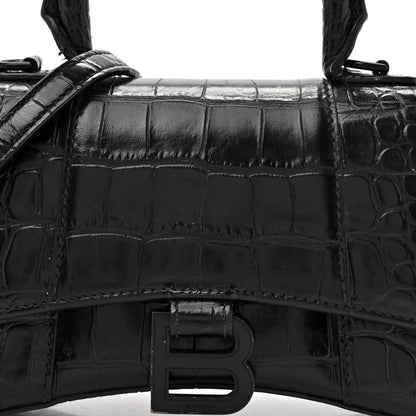 Balenciaga Shiny Calfskin Monochrome Crocodile Embossed Hourglass Top Handle Bag XS Black 9 of 17