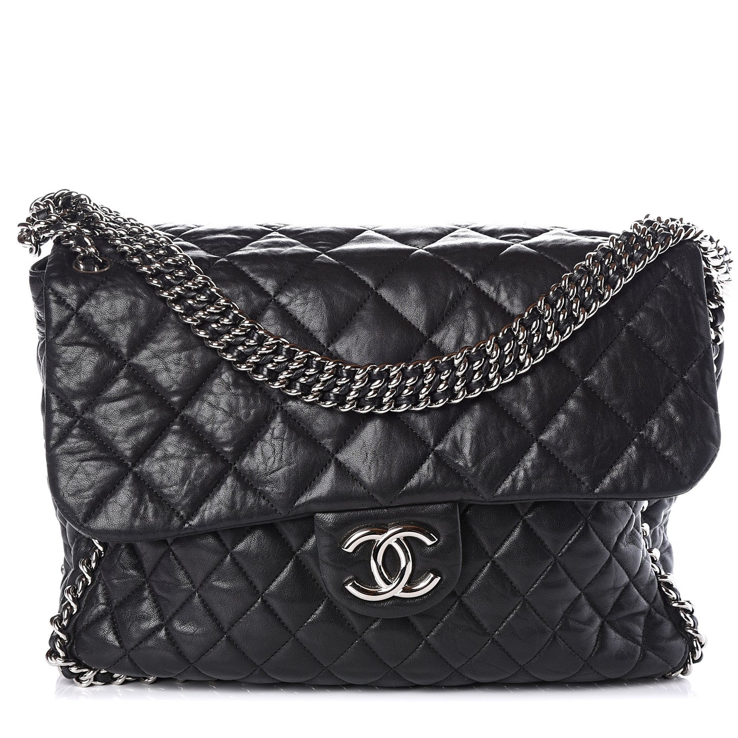 Washed Lambskin Quilted Maxi Chain Around Flap Black