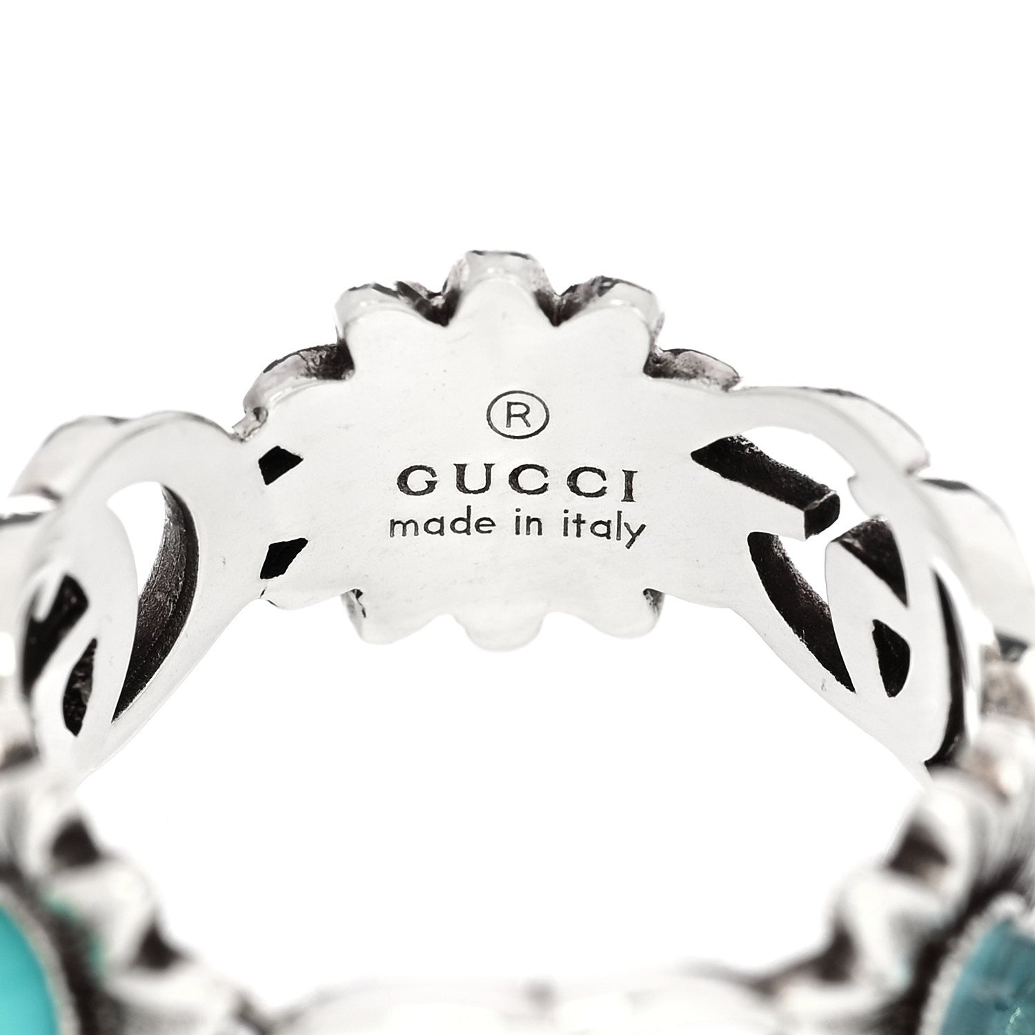 Gucci Sterling Silver Mother of Pearl Blue Topaz Flower Marmont Double G Ring 53 6.5 4 of 7