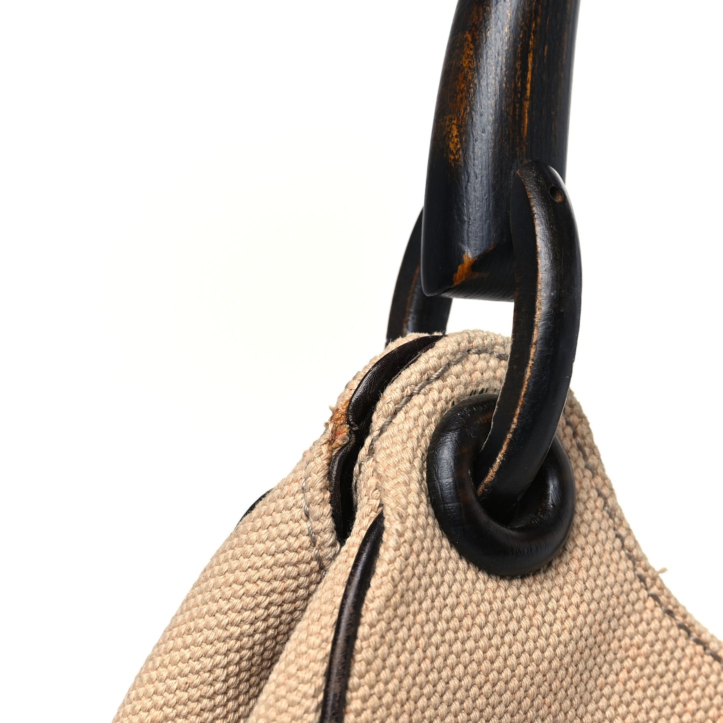 Canvas Wooden Handle Shoulder Bag Beige