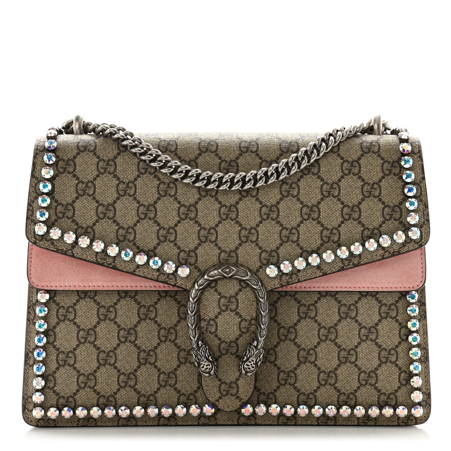 GG Supreme Monogram Suede Crystal Medium Dionysus Shoulder Bag Beige Ebony Light Peonia