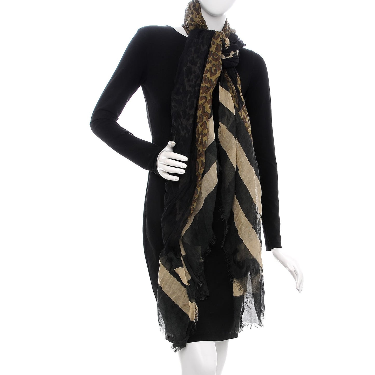 Cashmere Silk Leopard V Stole Kaki Vanilla