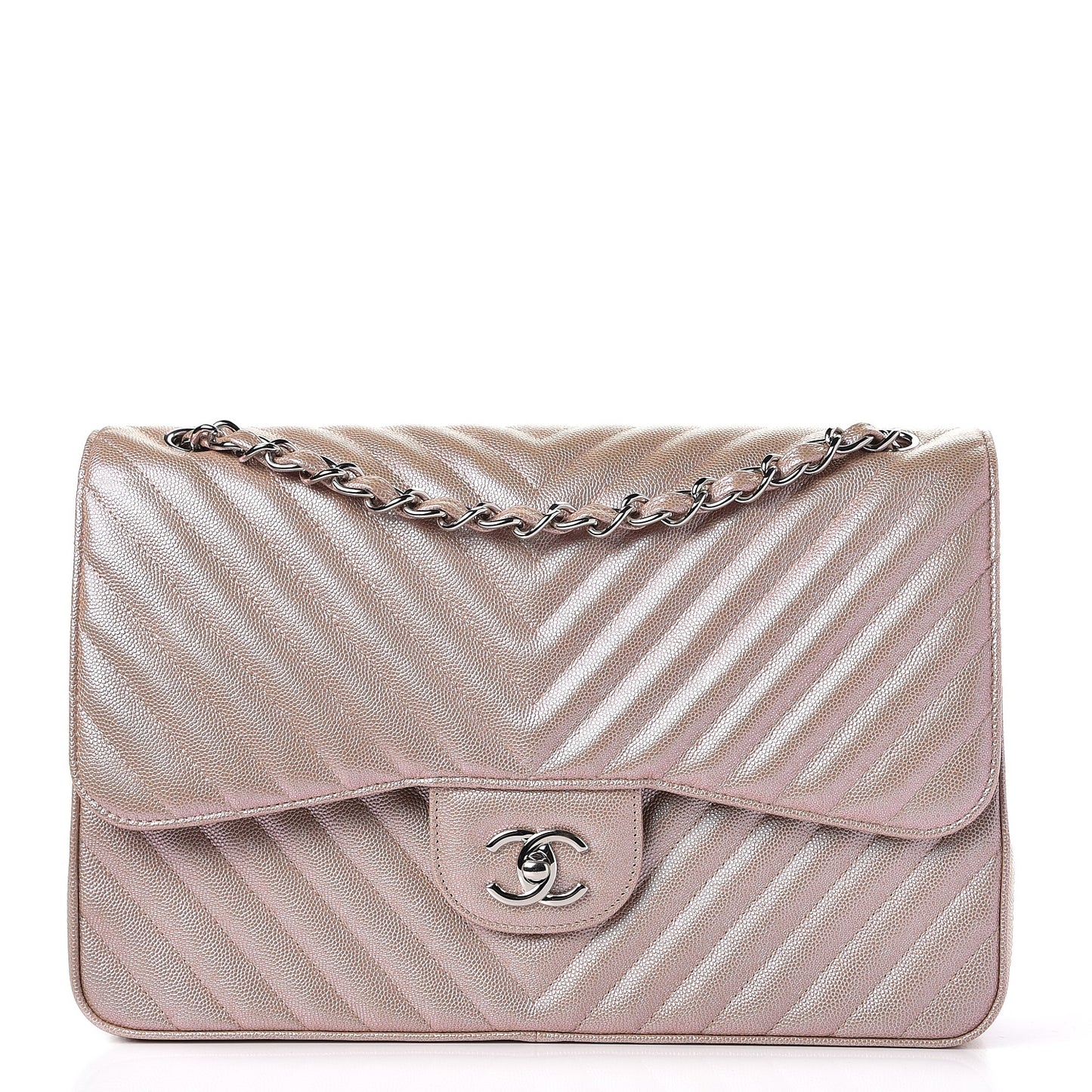 Metallic Caviar Chevron Quilted Jumbo Double Flap Light Gold